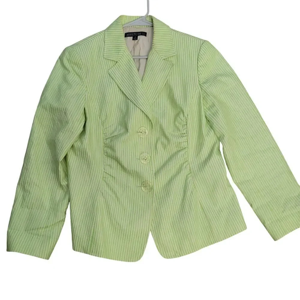 Lafayette 148 New York Womens Blazer Jacket 10 Green Striped Cotton Linen
